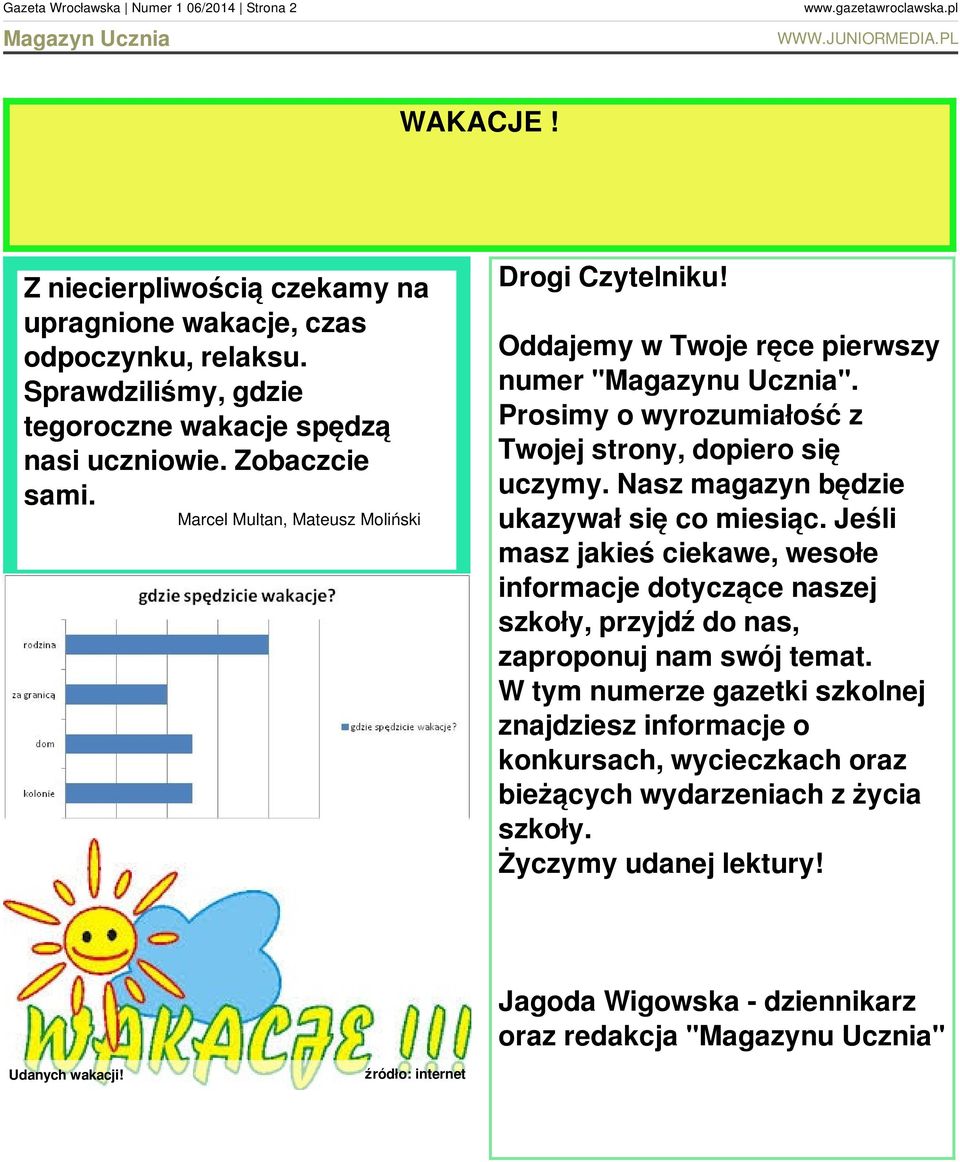 Nasz magazyn będzie ukazywał się co miesiąc. Jeśli masz jakieś ciekawe, wesołe informacje dotyczące naszej szkoły, przyjdź do nas, zaproponuj nam swój temat.