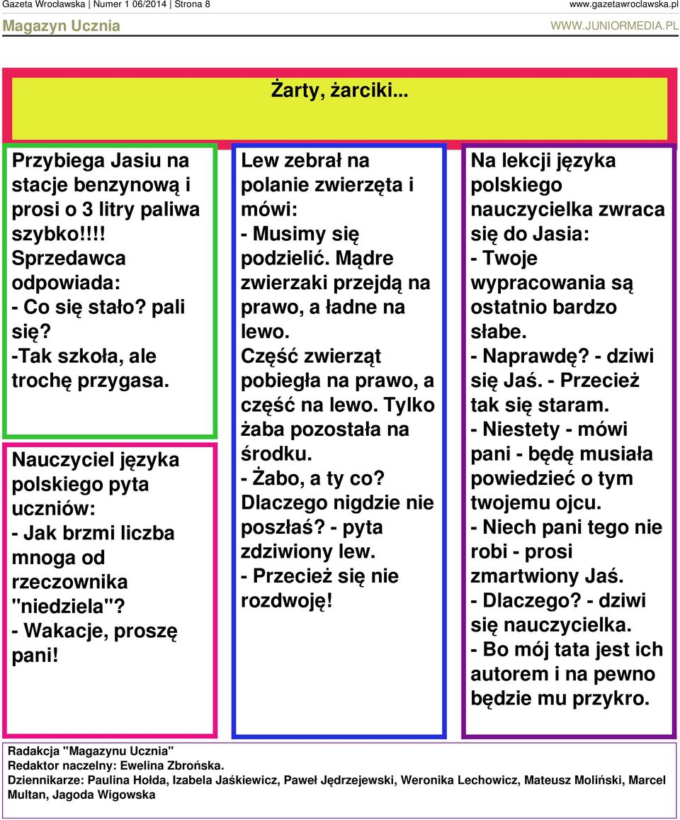 Lew zebrał na polanie zwierzęta i mówi: - Musimy się podzielić. Mądre zwierzaki przejdą na prawo, a ładne na lewo. Część zwierząt pobiegła na prawo, a część na lewo. Tylko żaba pozostała na środku.