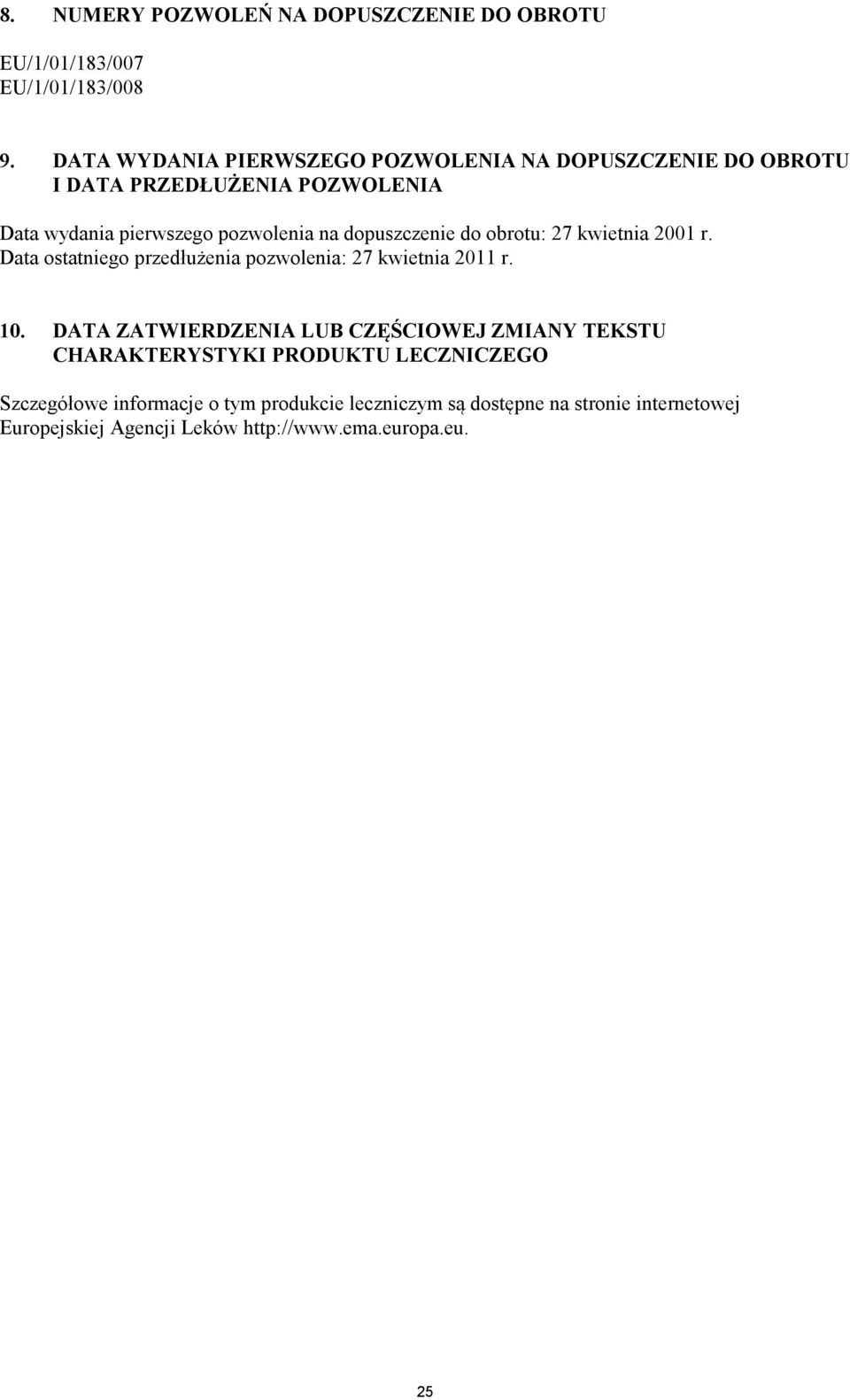 dopuszczenie do obrotu: 27 kwietnia 2001 r. Data ostatniego przedłużenia pozwolenia: 27 kwietnia 2011 r. 10.