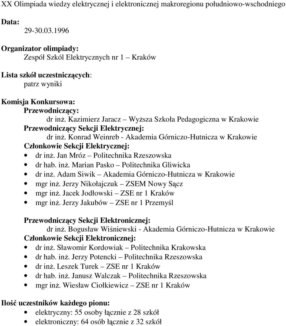 Kazimierz Jaracz WyŜsza Szkoła Pedagogiczna w Krakowie Przewodniczący Sekcji Elektrycznej: dr inŝ. Konrad Weinreb - Akademia Górniczo-Hutnicza w Krakowie Członkowie Sekcji Elektrycznej: dr inŝ.