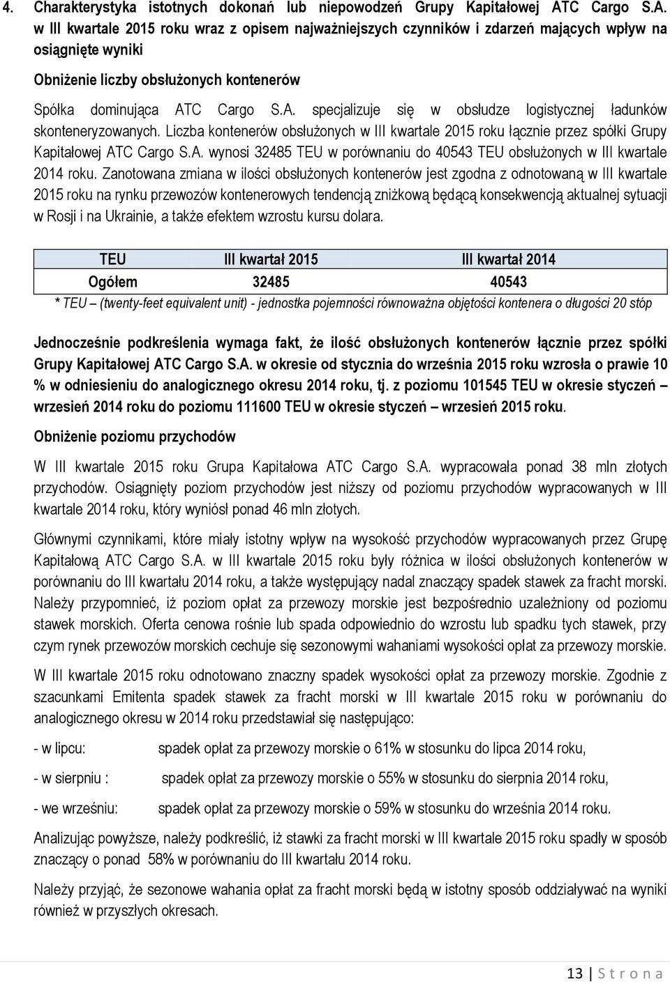 Liczba kontenerów obsłużonych w III kwartale 2015 roku łącznie przez spółki Grupy Kapitałowej ATC Cargo S.A. wynosi 32485 TEU w porównaniu do 40543 TEU obsłużonych w III kwartale 2014 roku.