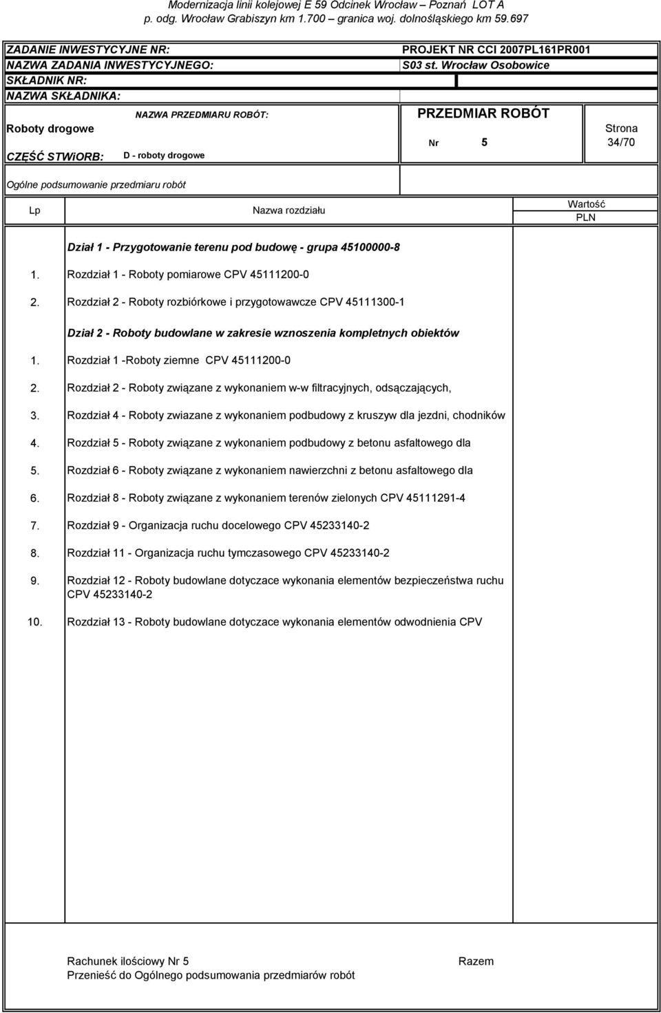 Dział 2 - Roboty budowlane w zakresie wznoszenia kompletnych obiektów Rozdział 1 -Roboty ziemne CPV 45111200-0 Rozdział 2 - Roboty związane z wykonaniem w-w filtracyjnych, odsączających, Rozdział 4 -