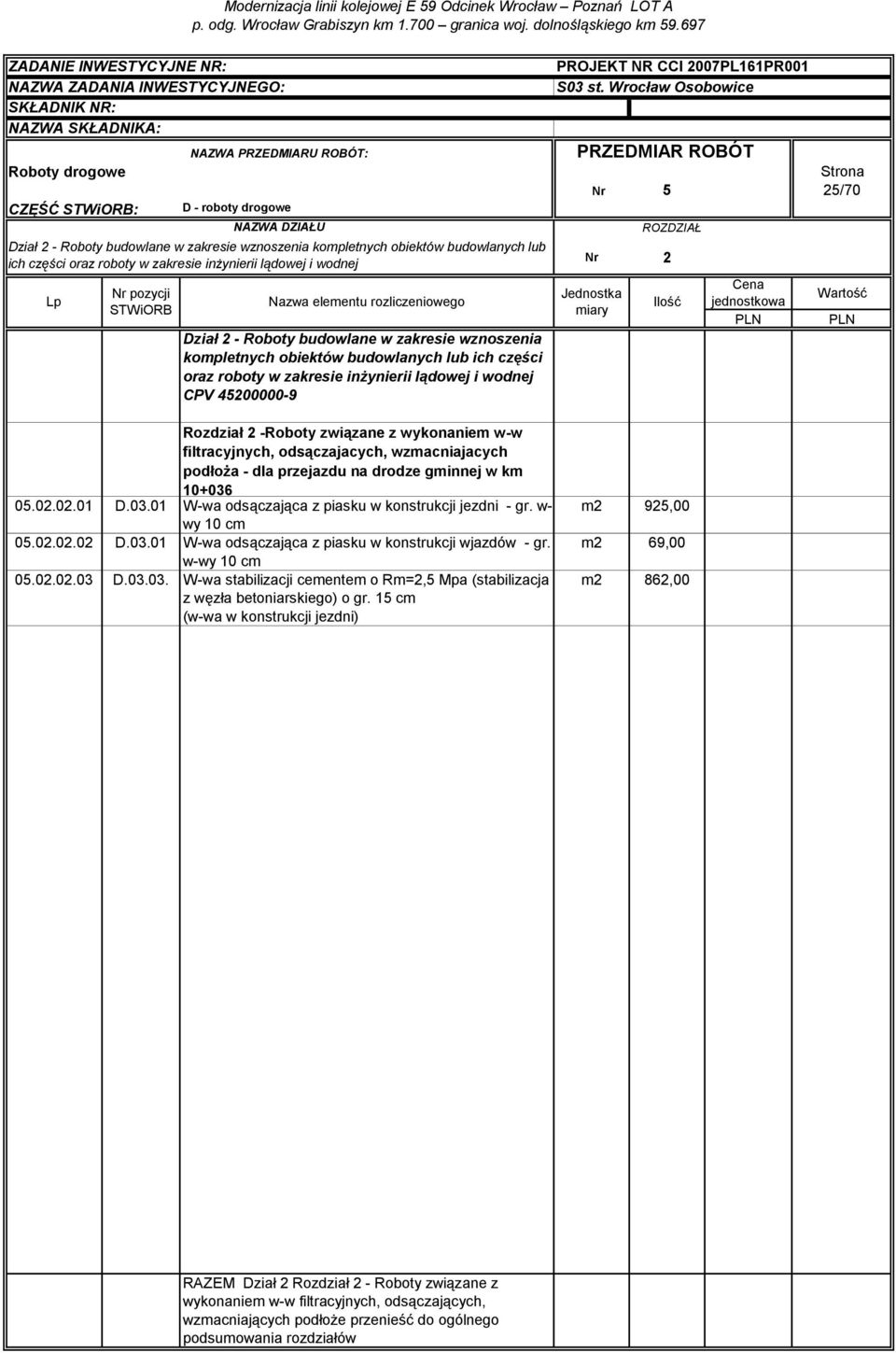 odsączajacych, wzmacniajacych podłoża - dla przejazdu na drodze gminnej w km 10+036 05.02.02.01 D.03.01 W-wa odsączająca z piasku w konstrukcji jezdni - gr. w- wy 10 cm 05.02.02.02 D.03.01 W-wa odsączająca z piasku w konstrukcji wjazdów - gr.