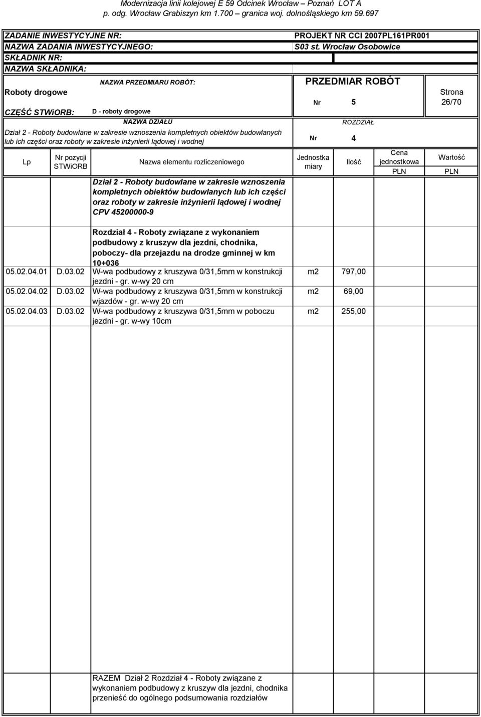 jezdni, chodnika, poboczy- dla przejazdu na drodze gminnej w km 10+036 05.02.04.01 D.03.02 W-wa podbudowy z kruszywa 0/31,5mm w konstrukcji jezdni - gr. w-wy 20 cm 05.02.04.02 D.03.02 W-wa podbudowy z kruszywa 0/31,5mm w konstrukcji wjazdów - gr.