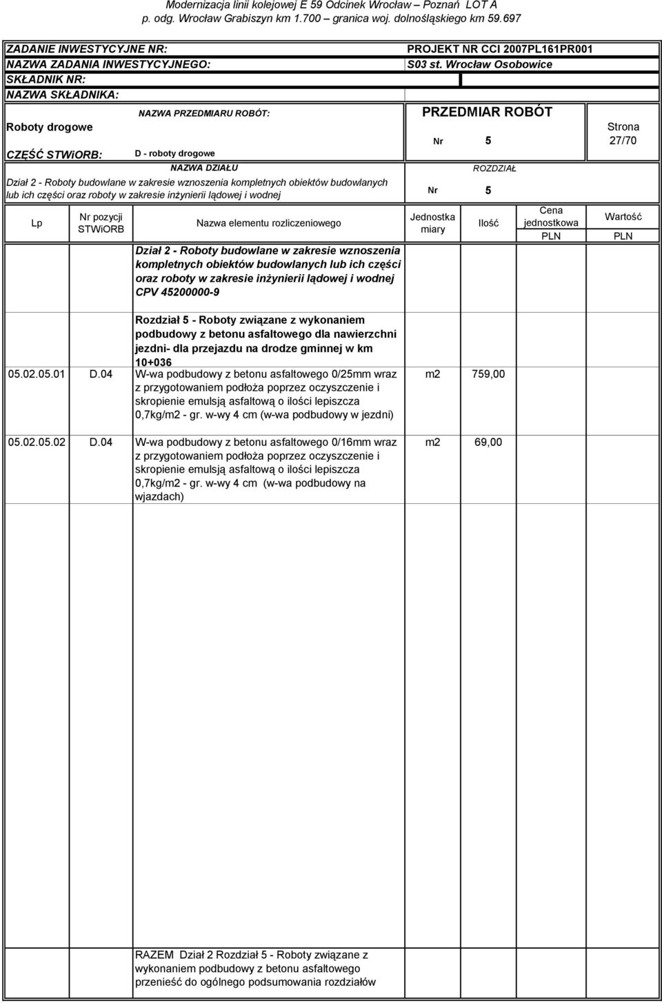 asfaltowego dla nawierzchni jezdni- dla przejazdu na drodze gminnej w km 10+036 05.02.05.01 D.