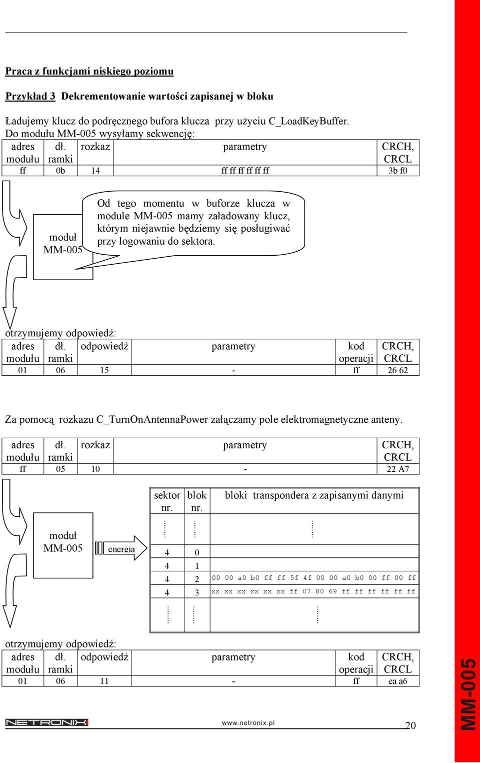 się posługiwać przy logowaniu do sektora. odpowiedź parametry kod operacji CRCH, 01 06 15 - ff 26 62 Za pomocą rozkazu C_TurnOnAntennaPower załączamy pole elektromagnetyczne anteny.