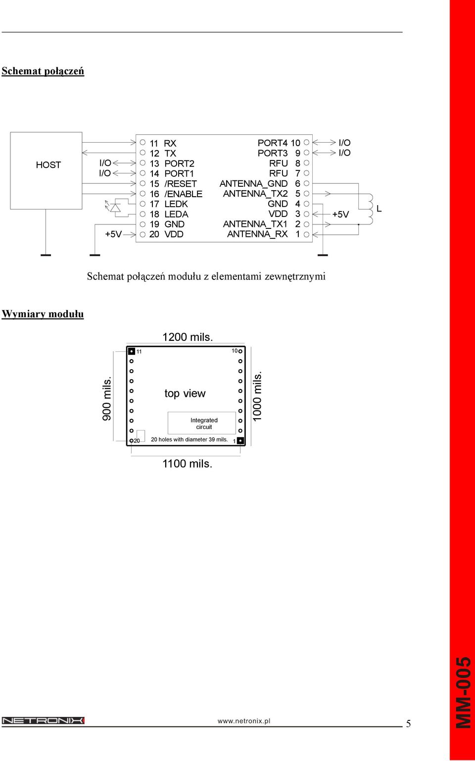 ANTENNA_TX1 2 ANTENNA_RX 1 I/O I/O +5V L Schemat połączeń z elementami zewnętrznymi Wymiary 1200