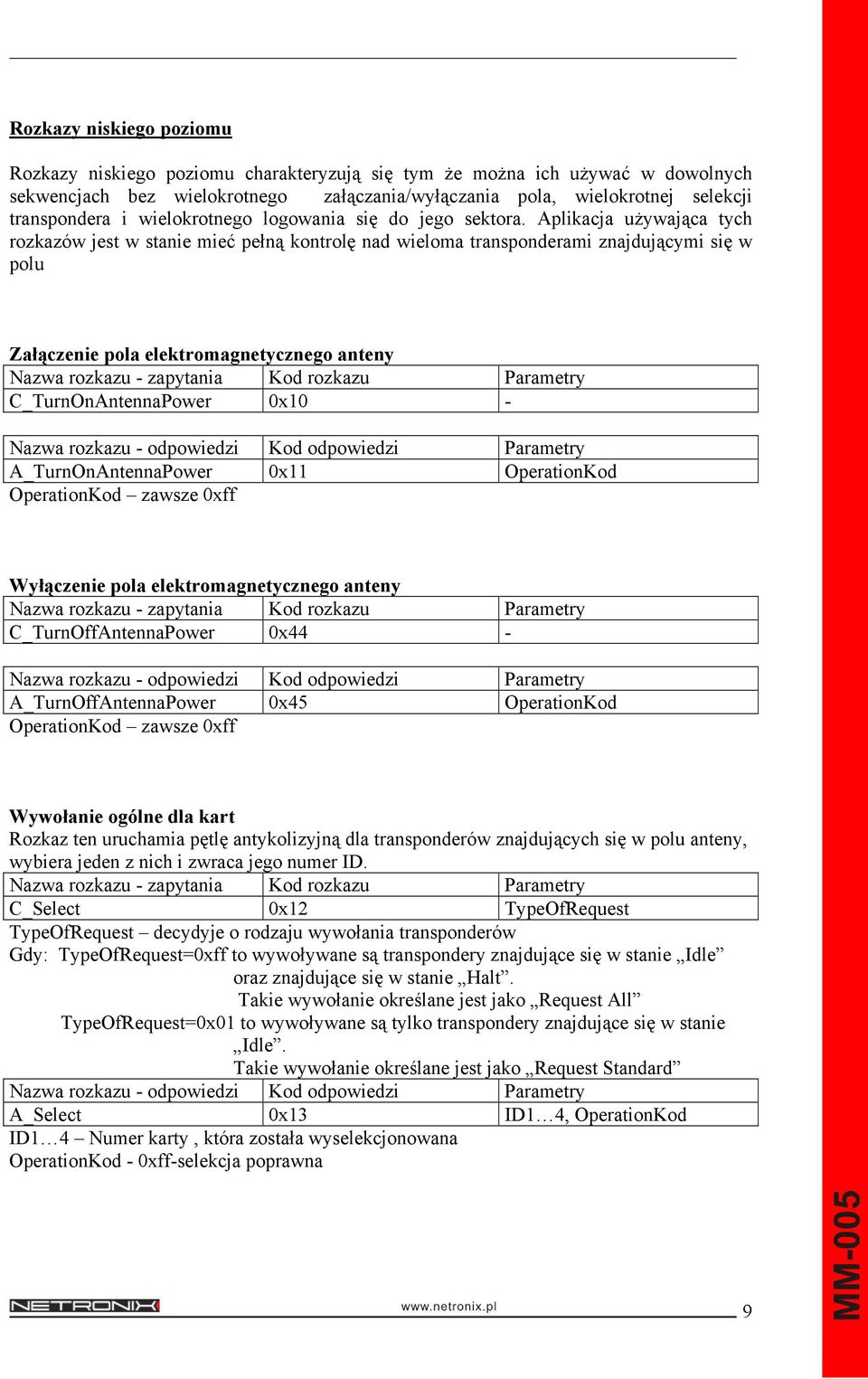 Aplikacja używająca tych rozkazów jest w stanie mieć pełną kontrolę nad wieloma transponderami znajdującymi się w polu Załączenie pola elektromagnetycznego anteny C_TurnOnAntennaPower 0x10 -