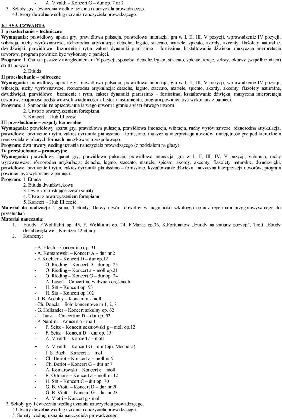 artykulacja: detache, legato, staccato, martele, spicato, akordy, akcenty, flażolety naturalne, dwudźwięki, prawidłowe brzmienie i rytm, zakres dynamiki pianissimo fortissimo, kształtowanie dźwięku,