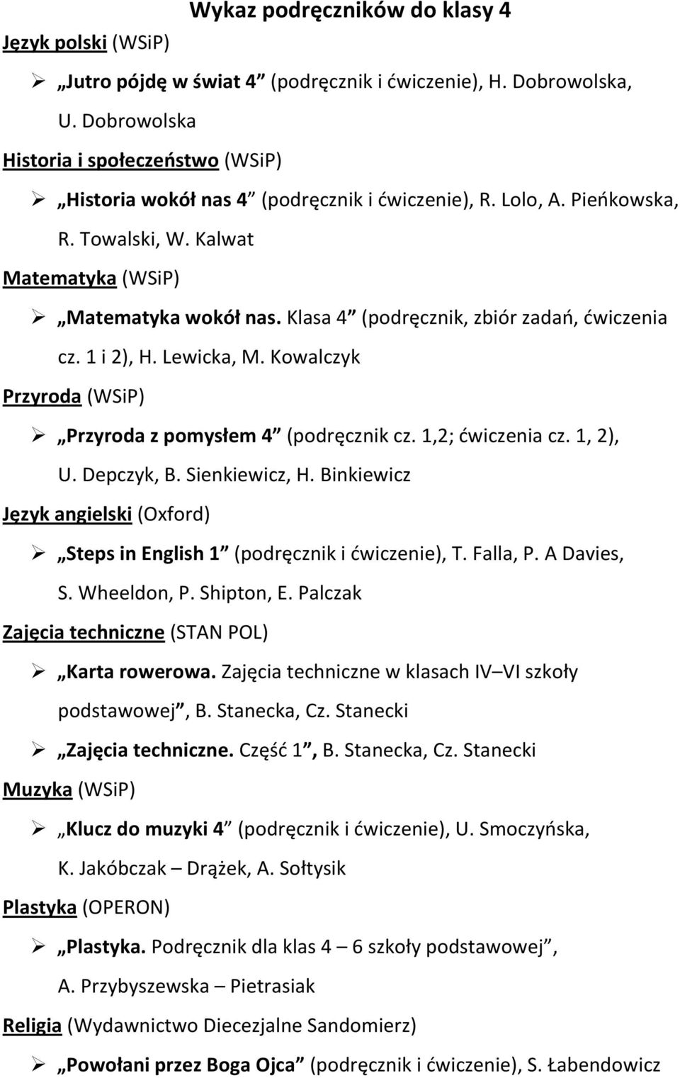 Klasa 4 (podręcznik, zbiór zadań, ćwiczenia cz. 1 i 2), H. Lewicka, M. Kowalczyk Przyroda (WSiP) Przyroda z pomysłem 4 (podręcznik cz. 1,2; ćwiczenia cz. 1, 2), U. Depczyk, B. Sienkiewicz, H.