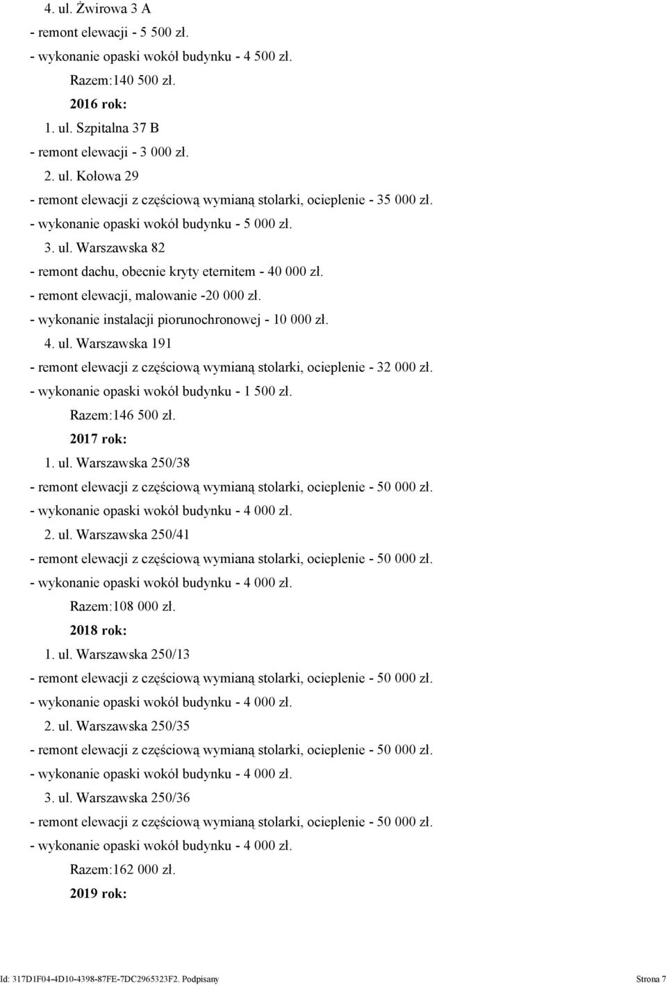 - wykonanie instalacji piorunochronowej - 10 000 zł. 4. ul. Warszawska 191 - remont elewacji z częściową wymianą stolarki, - 32 000 zł. - wykonanie opaski wokół budynku - 1 500 zł. Razem:146 500 zł.