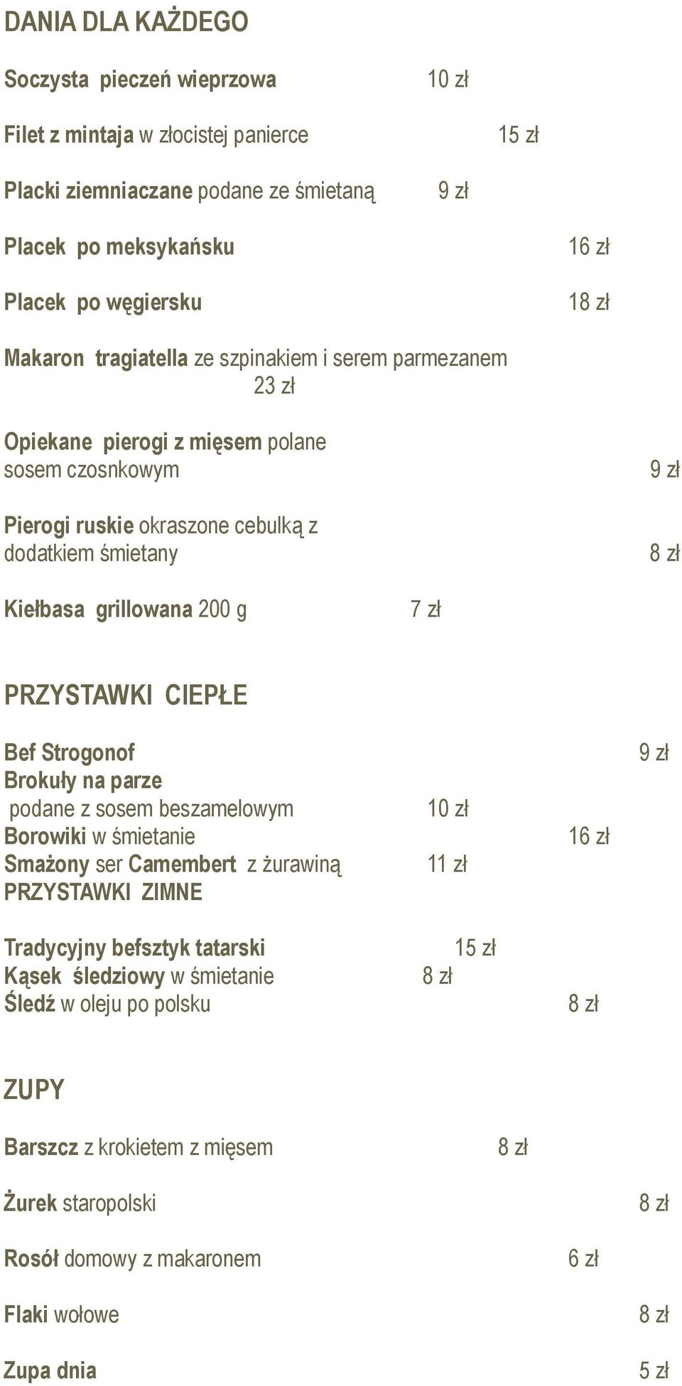 grillowana 200 g 7 zł PRZYSTAWKI CIEPŁE Bef Strogonof Brokuły na parze podane z sosem beszamelowym Borowiki w śmietanie Smażony ser Camembert z żurawiną PRZYSTAWKI ZIMNE 1 1