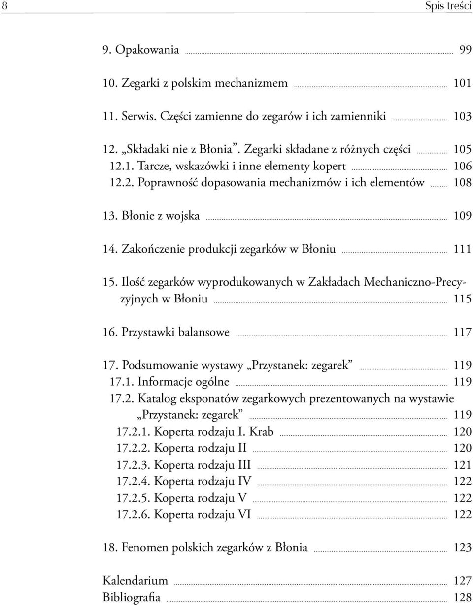 Ilość zegarków wyprodukowanych w Zakładach Mechaniczno-Precyzyjnych w Błoniu 115 16. Przystawki balansowe 117 17. Podsumowanie wystawy Przystanek: zegarek 119 17.1. Informacje ogólne 119 17.2.