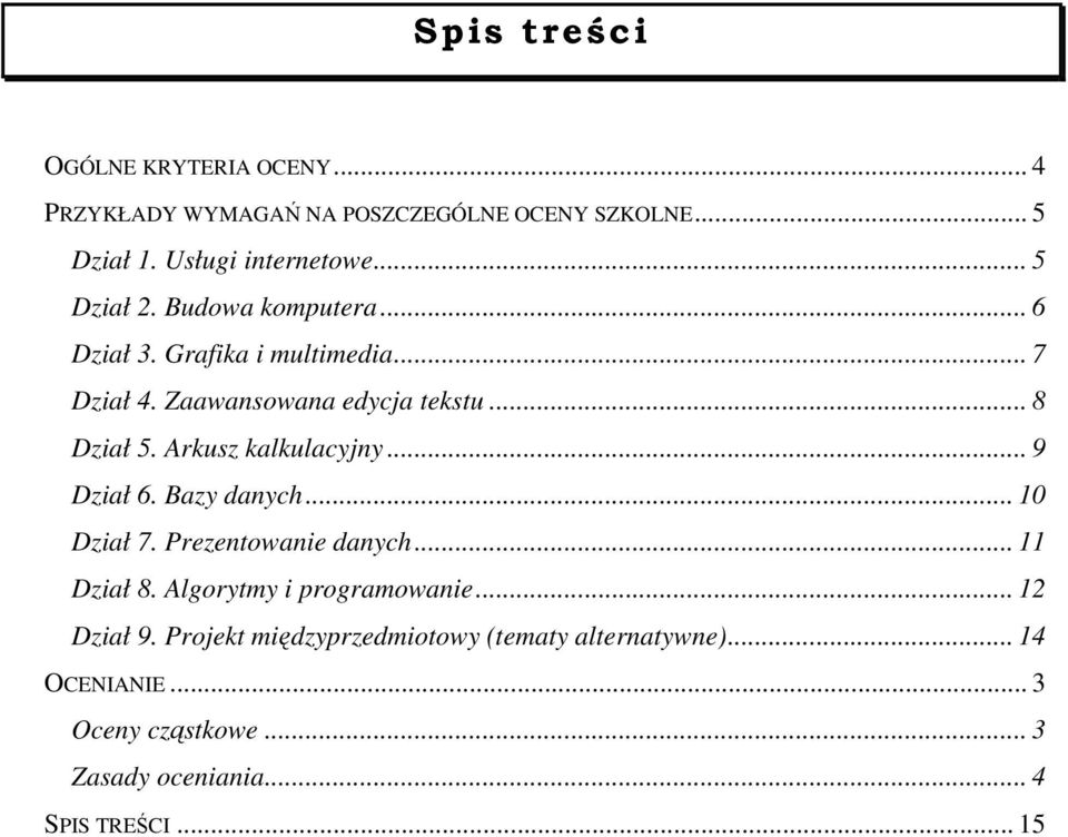 Arkusz kalkulacyjny... 9 Dział 6. Bazy danych... 10 Dział 7. Prezentowanie danych... 11 Dział 8. Algorytmy i programowanie.