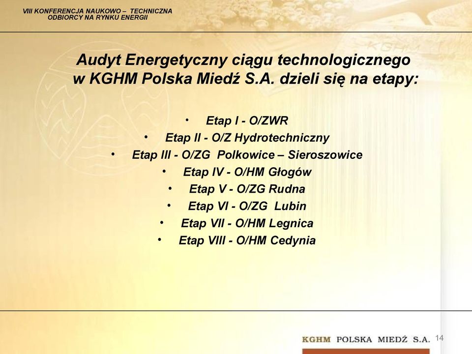 III - O/ZG Polkowice Sieroszowice Etap IV - O/HM Głogów Etap V - O/ZG