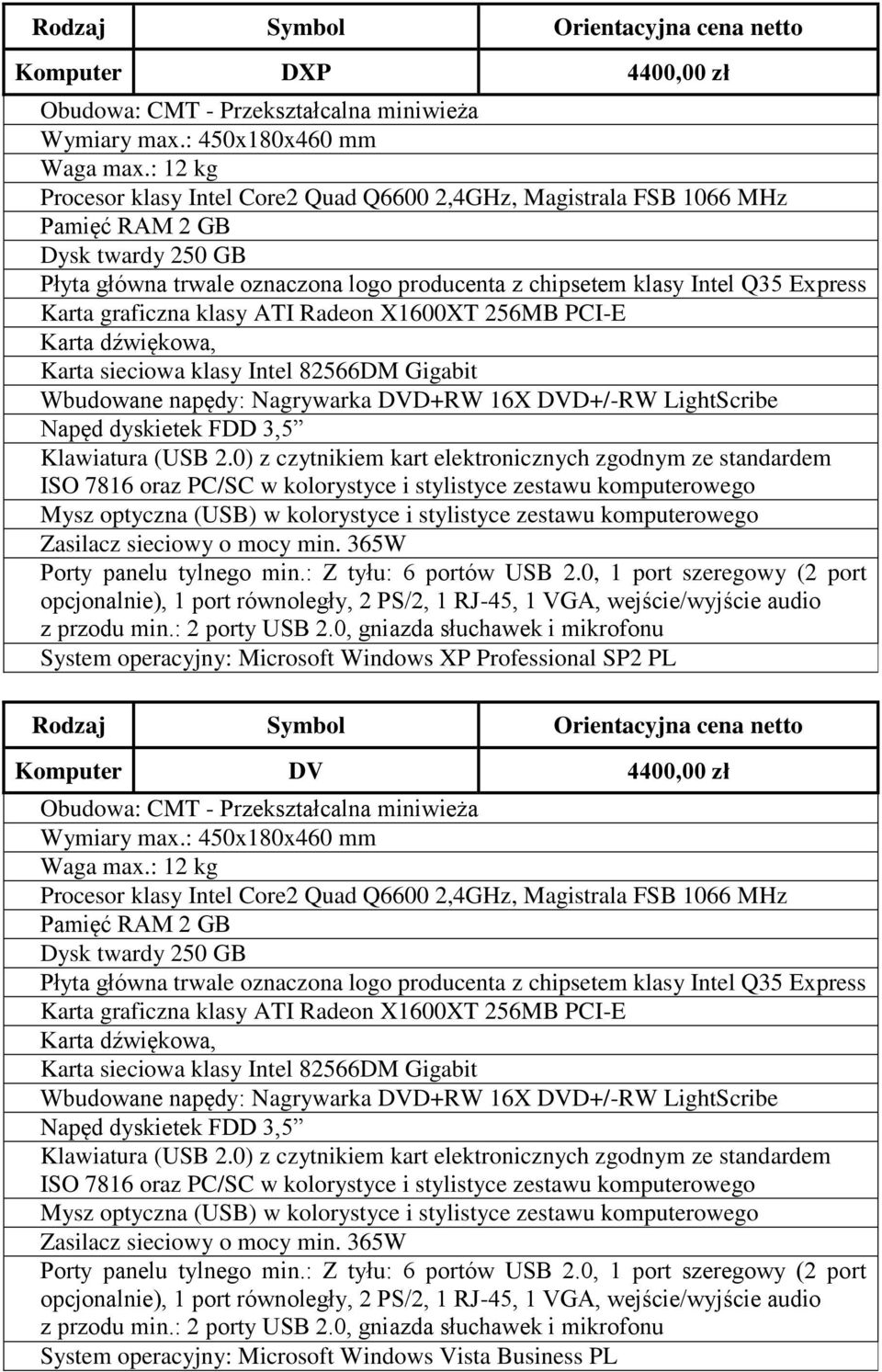 SP2 PL Komputer DV 4400,00 zł Procesor klasy Intel Core2 Quad Q6600 2,4GHz, Magistrala FSB 1066 MHz Pamięć RAM 2 GB