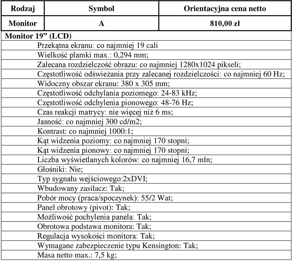 Częstotliwość odchylania poziomego: 24-83 khz; Częstotliwość odchylenia pionowego: 48-76 Hz; Czas reakcji matrycy: nie więcej niż 6 ms; Jasność: co najmniej 300 cd/m2; Kontrast: co najmniej 1000:1;