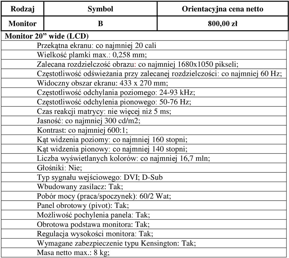 Częstotliwość odchylania poziomego: 24-93 khz; Częstotliwość odchylenia pionowego: 50-76 Hz; Czas reakcji matrycy: nie więcej niż 5 ms; Jasność: co najmniej 300 cd/m2; Kontrast: co najmniej 600:1;
