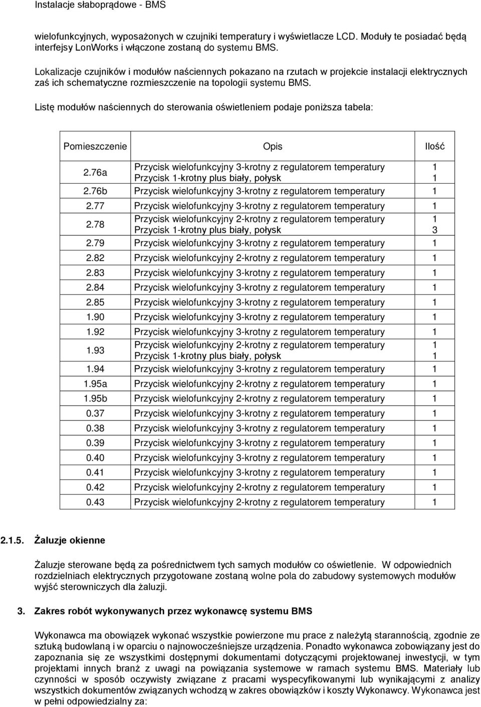 Listę modułów naściennych do sterowania oświetleniem podaje poniższa tabela: Pomieszczenie Opis Ilość Przycisk wielofunkcyjny 3-krotny z regulatorem temperatury 1 2.