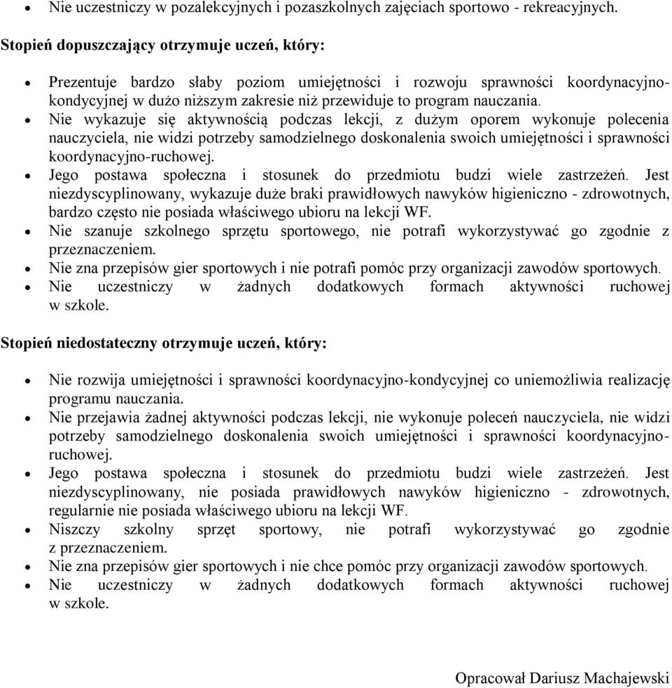 Nie wykazuje się aktywnością podczas lekcji, z dużym oporem wykonuje polecenia nauczyciela, nie widzi potrzeby samodzielnego doskonalenia swoich umiejętności i sprawności koordynacyjno-ruchowej.