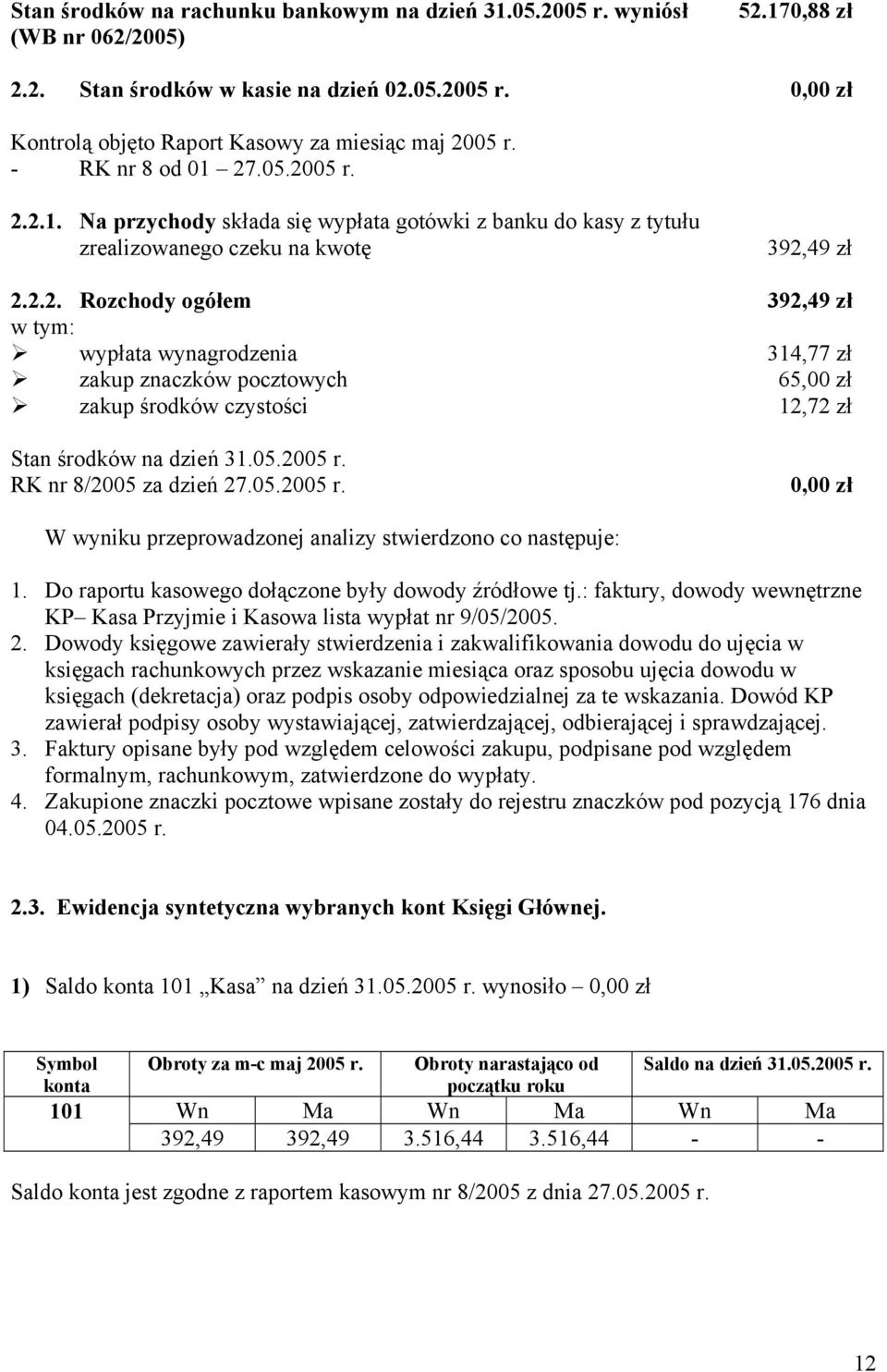 05.2005 r. RK nr 8/2005 za dzień 27.05.2005 r. 0,00 zł W wyniku przeprowadzonej analizy stwierdzono co następuje: 1. Do raportu kasowego dołączone były dowody źródłowe tj.