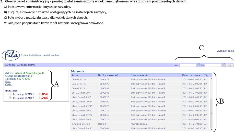 A) Podstawowe informacje dotyczące zarządcy, B) Listę rejestrowanych zdarzeń występujących