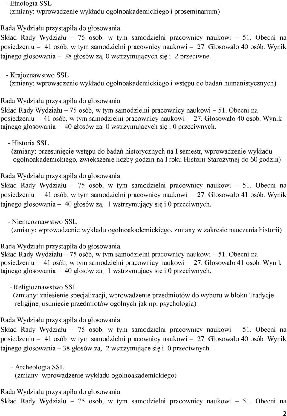 - Krajoznawstwo SSL (zmiany: wprowadzenie wykładu ogólnoakademickiego i wstępu do badań humanistycznych) posiedzeniu 41 osób, w tym samodzielni pracownicy naukowi 27. Głosowało 40 osób.