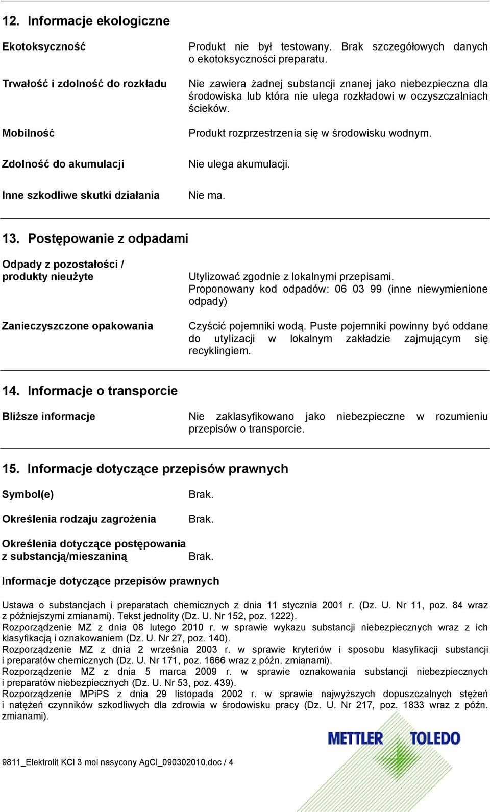 Produkt rozprzestrzenia się w środowisku wodnym. Nie ulega akumulacji. Nie ma. 13.