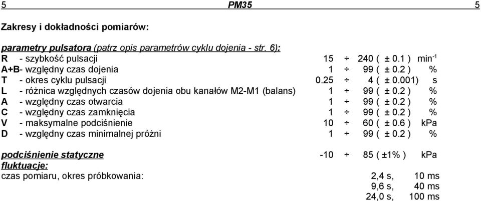 001) s L - różnica względnych czasów dojenia obu kanałów M2-M1 (balans) 1 99 ( ± 0.2 ) % A - względny czas otwarcia 1 99 ( ± 0.