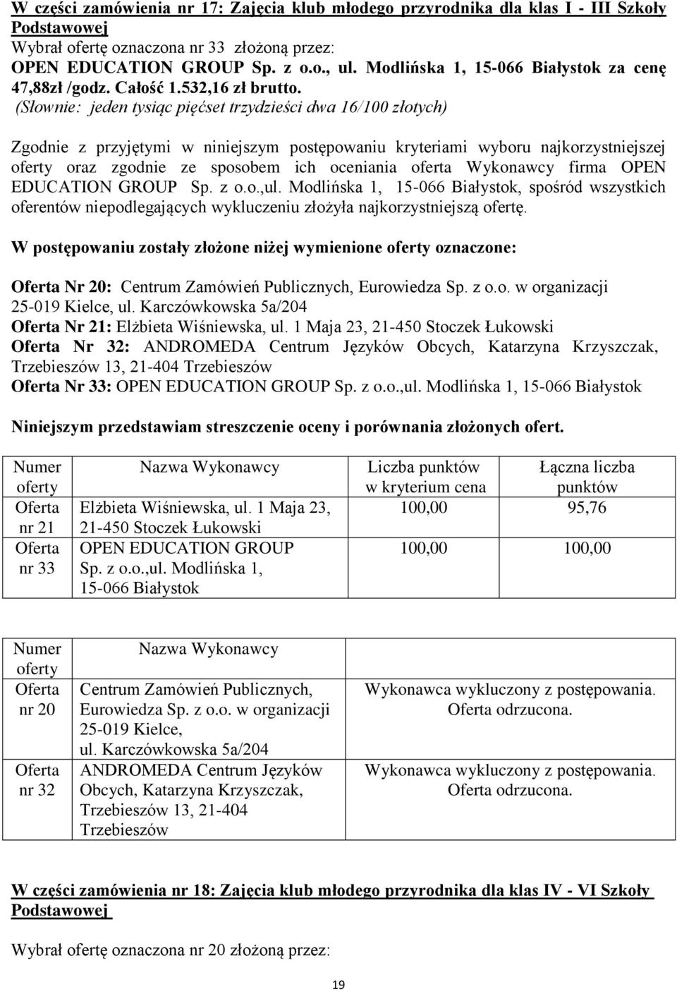 Modlińska 1,, spośród wszystkich oferentów niepodlegających wykluczeniu złożyła najkorzystniejszą W postępowaniu zostały złożone niżej wymienione oznaczone: Nr 20: Nr 21: Elżbieta Wiśniewska, ul.