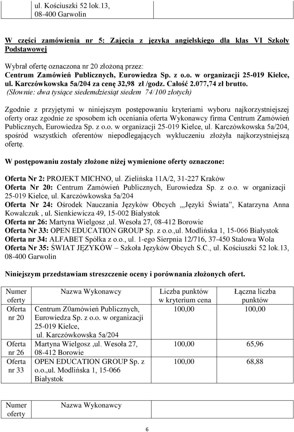 wymienione oznaczone: Nr 2: PROJEKT MICHNO, ul. Zielińska 11A/2, 31-227 Kraków Nr 20: Nr 24: Ośrodek Nauczania Języków Obcych, Języki Świata, Katarzyna Anna Kowalczuk, ul.