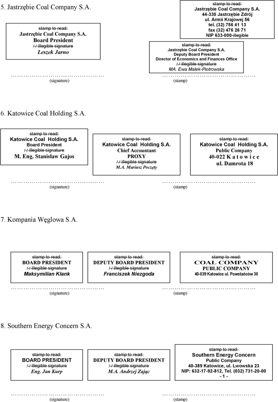 Katowice Coal Holding S.A. Katowice Coal Holding S.A. Board President M. Eng. Stanisław Gajos Katowice Coal Holding S.A. Chief Accountant PROXY M.A. Mariusz Poczęty Katowice Coal Holding S.A. Public Company 40-022 K a t o w i c e ul.