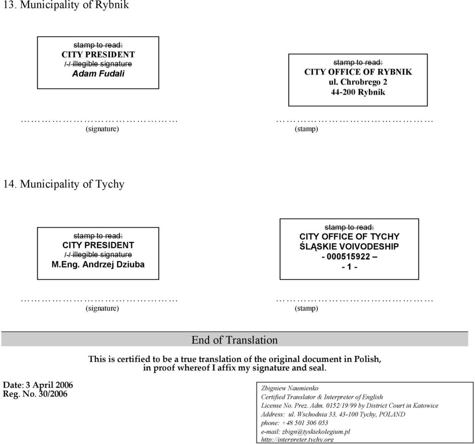 in Polish, in proof whereof I affix my signature and seal. Date: 3 April 2006 Reg. No.