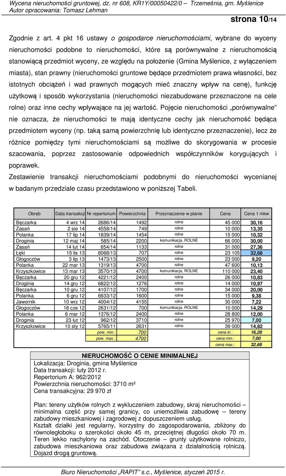 (Gmina Myślenice, z wyłączeniem miasta), stan prawny (nieruchomości gruntowe będące przedmiotem prawa własności, bez istotnych obciążeń i wad prawnych mogących mieć znaczny wpływ na cenę), funkcję