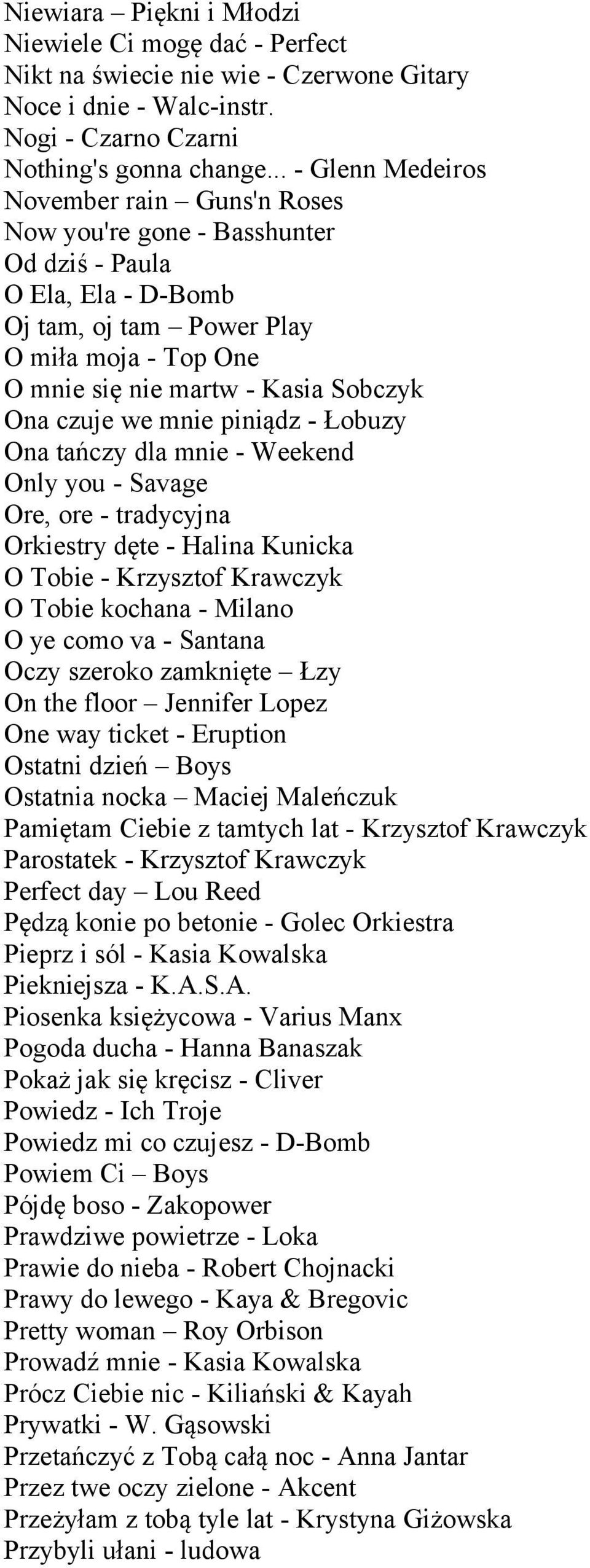 Ona czuje we mnie piniądz - Łobuzy Ona tańczy dla mnie - Weekend Only you - Savage Ore, ore - tradycyjna Orkiestry dęte - Halina Kunicka O Tobie - Krzysztof Krawczyk O Tobie kochana - Milano O ye