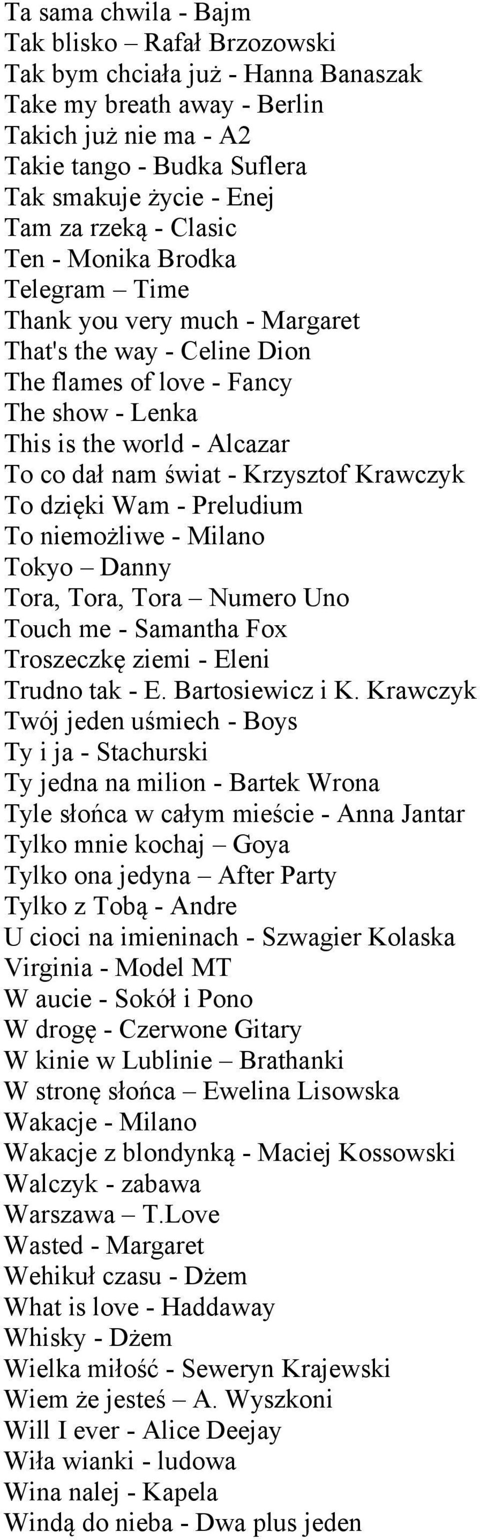 świat - Krzysztof Krawczyk To dzięki Wam - Preludium To niemożliwe - Milano Tokyo Danny Tora, Tora, Tora Numero Uno Touch me - Samantha Fox Troszeczkę ziemi - Eleni Trudno tak - E. Bartosiewicz i K.