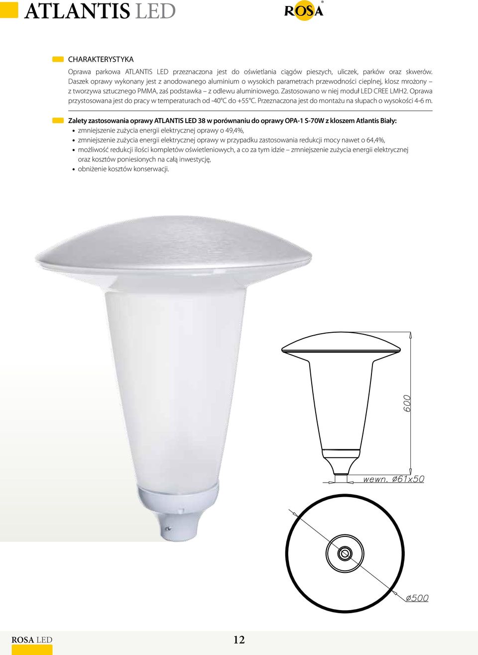 Zastosowano w niej moduł LED CREE LMH2. Oprawa przystosowana jest do pracy w temperaturach od -40 C do +55 C. Przeznaczona jest do montażu na słupach o wysokości 4-6 m.