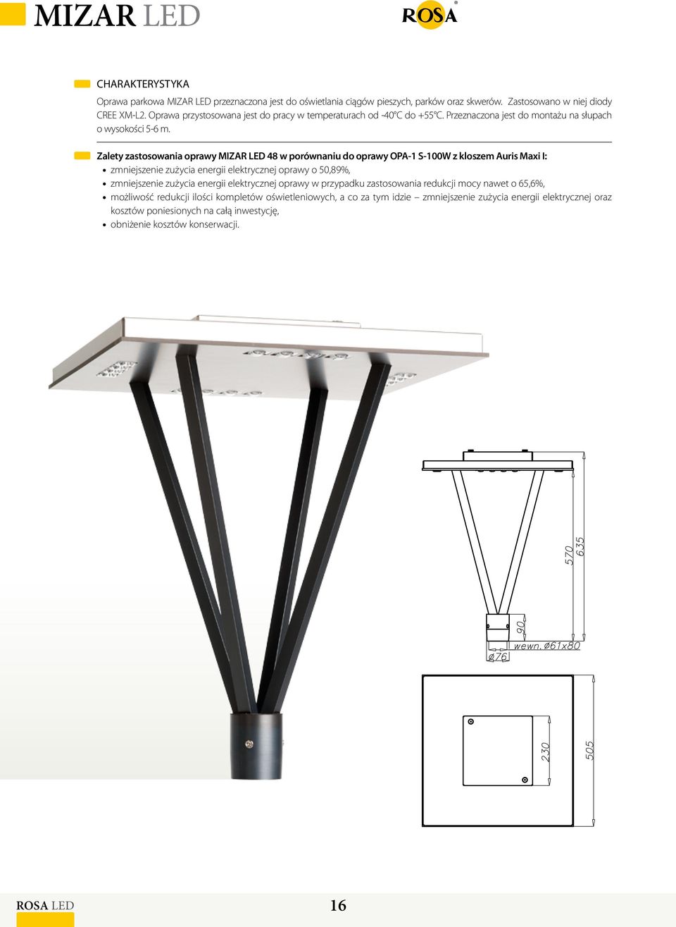 Zalety zastosowania oprawy MIZAR LED 48 w porównaniu do oprawy OPA-1 S-100W z kloszem Auris Maxi I: zmniejszenie zużycia energii elektrycznej oprawy o 50,89%, zmniejszenie zużycia