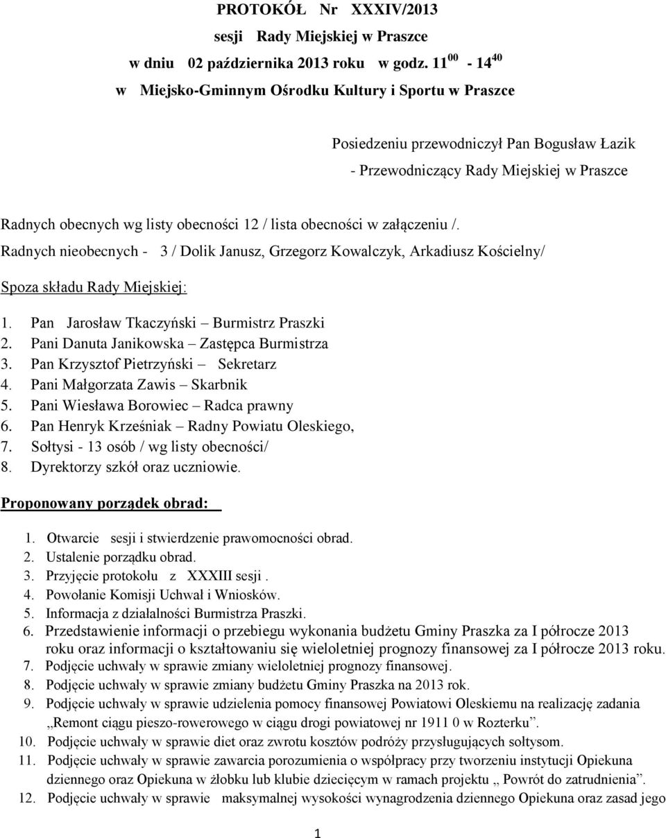 obecności w załączeniu /. Radnych nieobecnych - 3 / Dolik Janusz, Grzegorz Kowalczyk, Arkadiusz Kościelny/ Spoza składu Rady Miejskiej: 1. Pan Jarosław Tkaczyński Burmistrz Praszki 2.