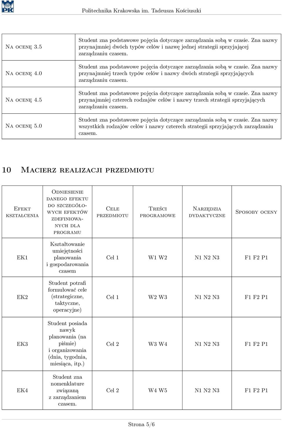 10 Macierz realizacji przedmiotu Efekt kształcenia Odniesienie danego efektu do szczegółowych efektów zdefiniowanych dla programu Cele przedmiotu Treści programowe Narzędzia dydaktyczne Sposoby oceny