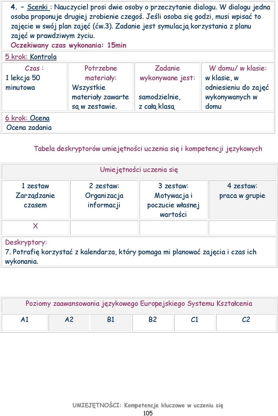 Oczekiwany czas wykonania: 15min 5 krok: Kontrola Czas : 1 lekcja 50 minutowa 6 krok: Ocena Ocena zadania Potrzebne materiały: Wszystkie materiały zawarte są w zestawie.