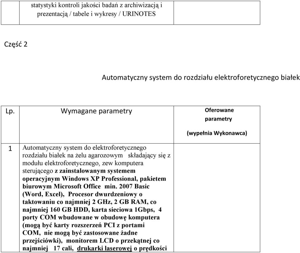 zainstalowanym systemem operacyjnym Windows XP Professional, pakietem biurowym Microsoft Office min.