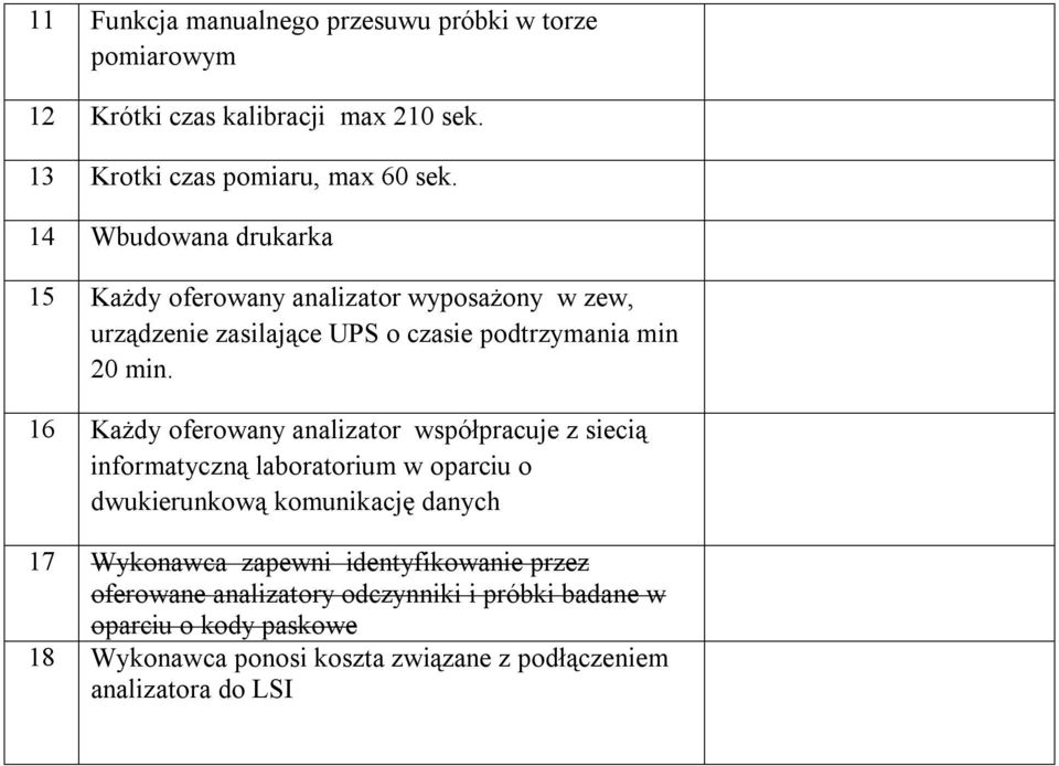 16 Każdy oferowany analizator współpracuje z siecią informatyczną laboratorium w oparciu o dwukierunkową komunikację danych 17 Wykonawca