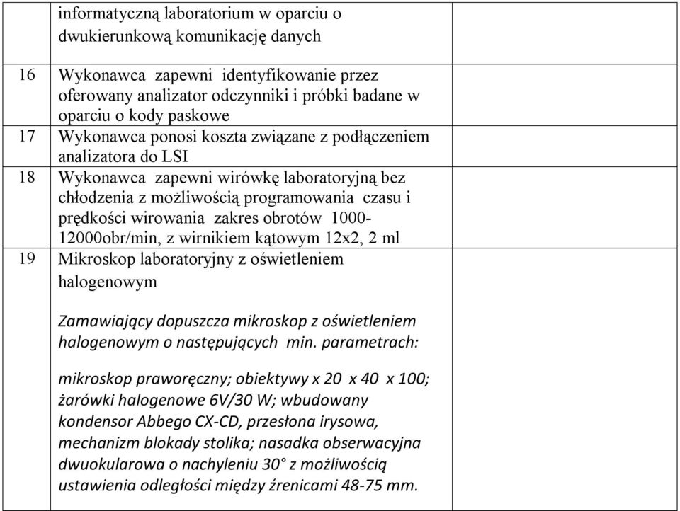 1000-12000obr/min, z wirnikiem kątowym 12x2, 2 ml 19 Mikroskop laboratoryjny z oświetleniem halogenowym Zamawiający dopuszcza mikroskop z oświetleniem halogenowym o następujących min.