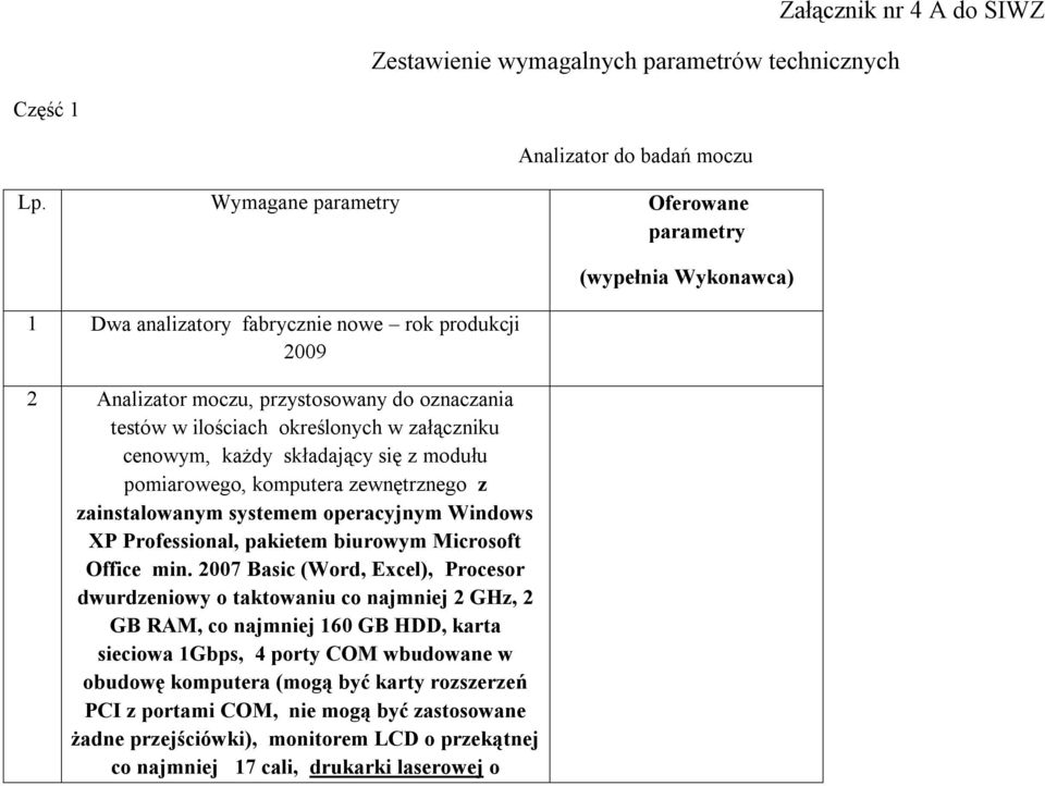 składający się z modułu pomiarowego, komputera zewnętrznego z zainstalowanym systemem operacyjnym Windows XP Professional, pakietem biurowym Microsoft Office min.