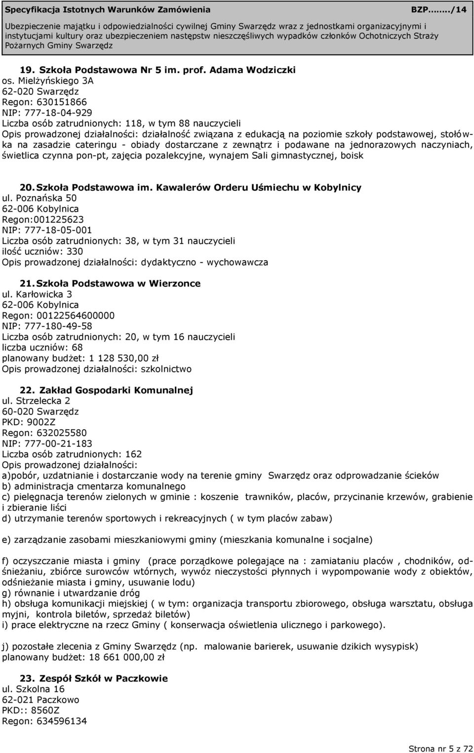 szkoły podstawowej, stołówka na zasadzie cateringu - obiady dostarczane z zewnątrz i podawane na jednorazowych naczyniach, świetlica czynna pon-pt, zajęcia pozalekcyjne, wynajem Sali gimnastycznej,