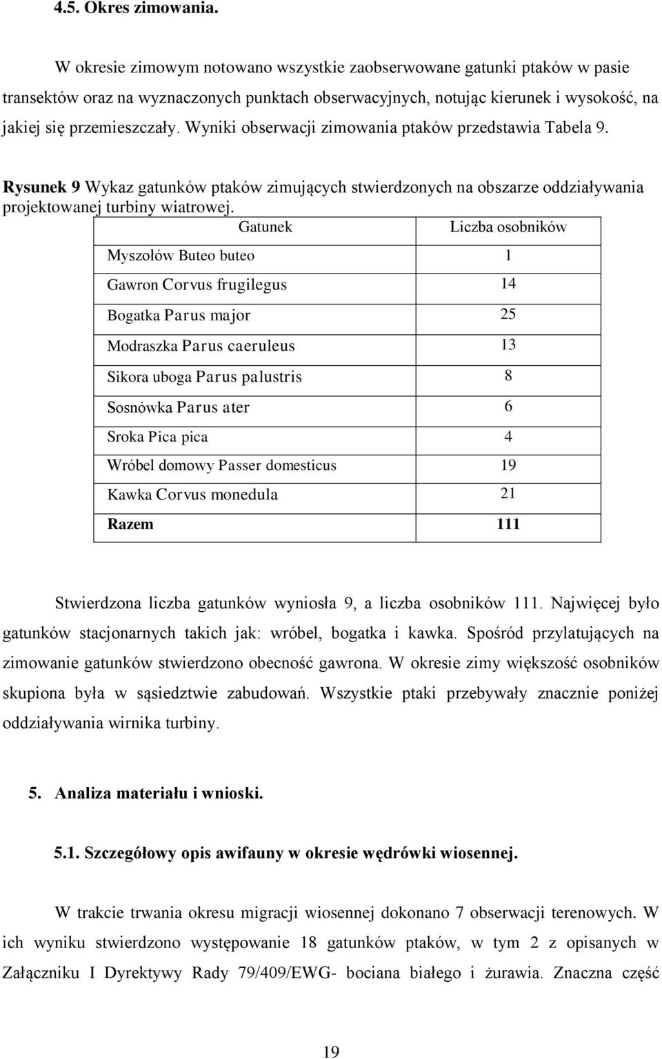 Wyniki obserwacji zimowania ptaków przedstawia Tabela 9. Rysunek 9 Wykaz gatunków ptaków zimujących stwierdzonych na obszarze oddziaływania projektowanej turbiny wiatrowej.