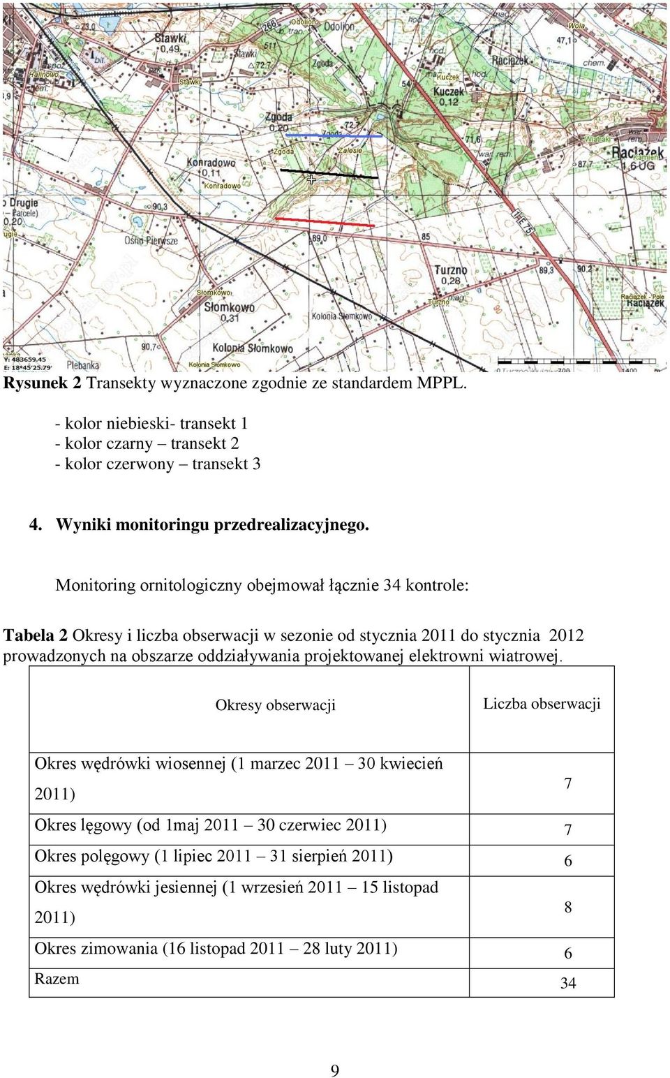 Monitoring ornitologiczny obejmował łącznie 34 kontrole: Tabela 2 Okresy i liczba obserwacji w sezonie od stycznia 2011 do stycznia 2012 prowadzonych na obszarze oddziaływania