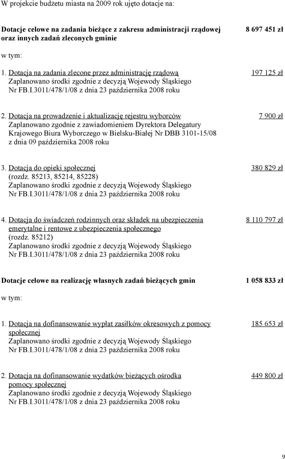 Dotacja na prowadzenie i aktualizację rejestru wyborców Zaplanowano zgodnie z zawiadomieniem Dyrektora Delegatury Krajowego Biura Wyborczego w Bielsku-Białej Nr DBB 3101-15/08 z dnia 09 października