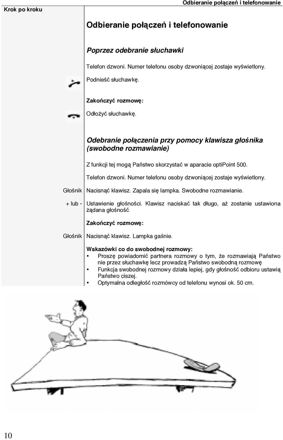 Numer telefonu osoby dzwoniącej zostaje wyświetlony. Głośnik Nacisnąć klawisz. Zapala się lampka. Swobodne rozmawianie. + - Ustawienie głośności.